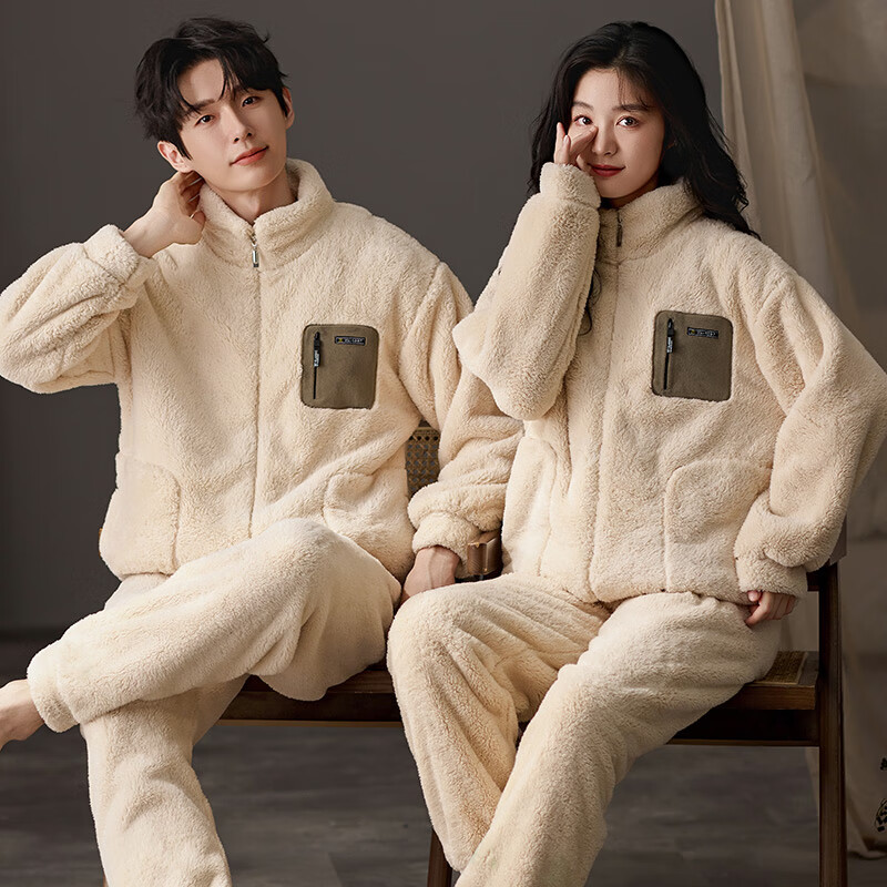 猫人【立领拉链可外穿】男士睡衣男冬季情侣睡衣羊羔绒家居服2025新品 米杏色 女款 M 【建议体重80-100斤】