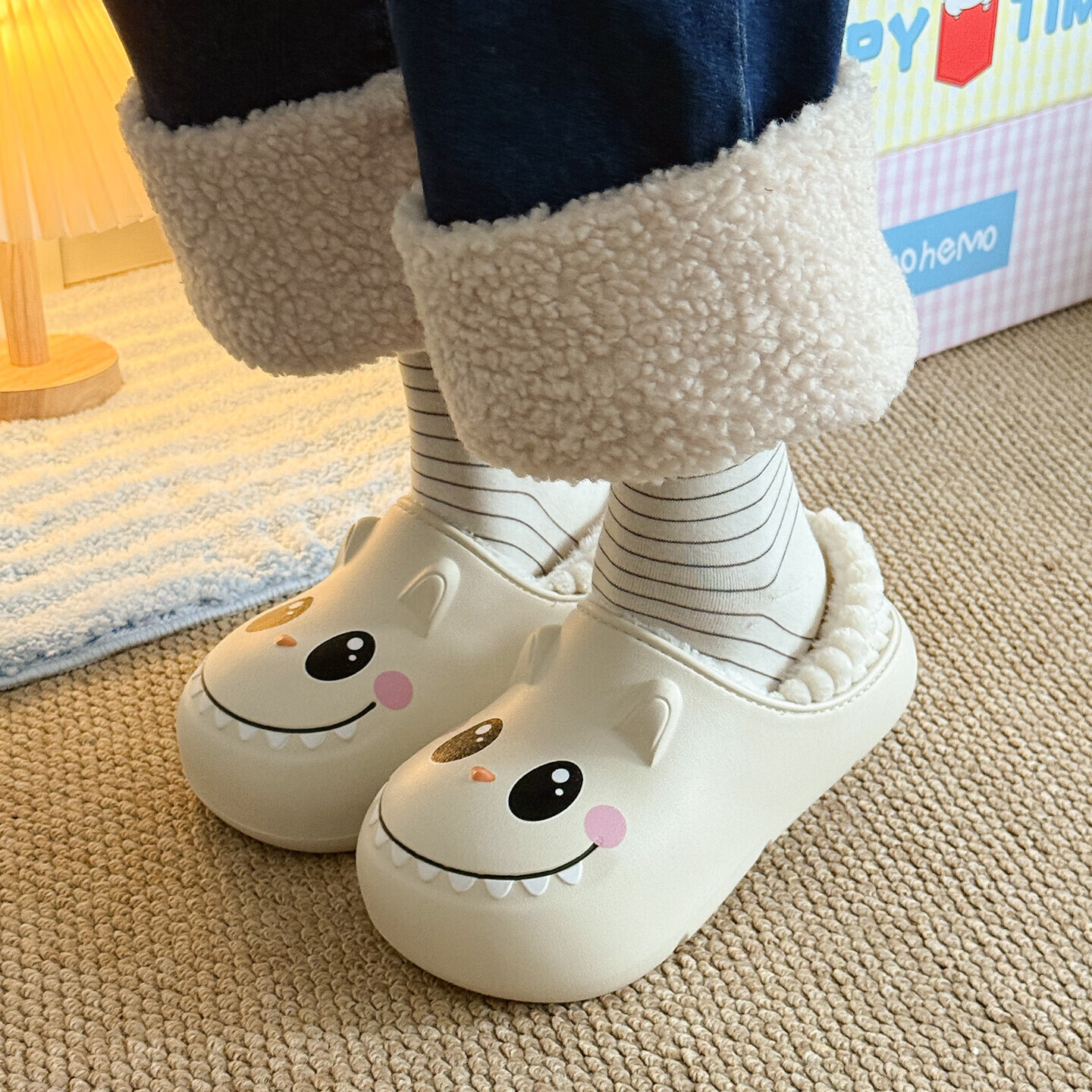 FZT保暖防水棉鞋女款2025新款可爱卡通加绒软底棉拖鞋冬季可外穿女 白色 36-37 标准码