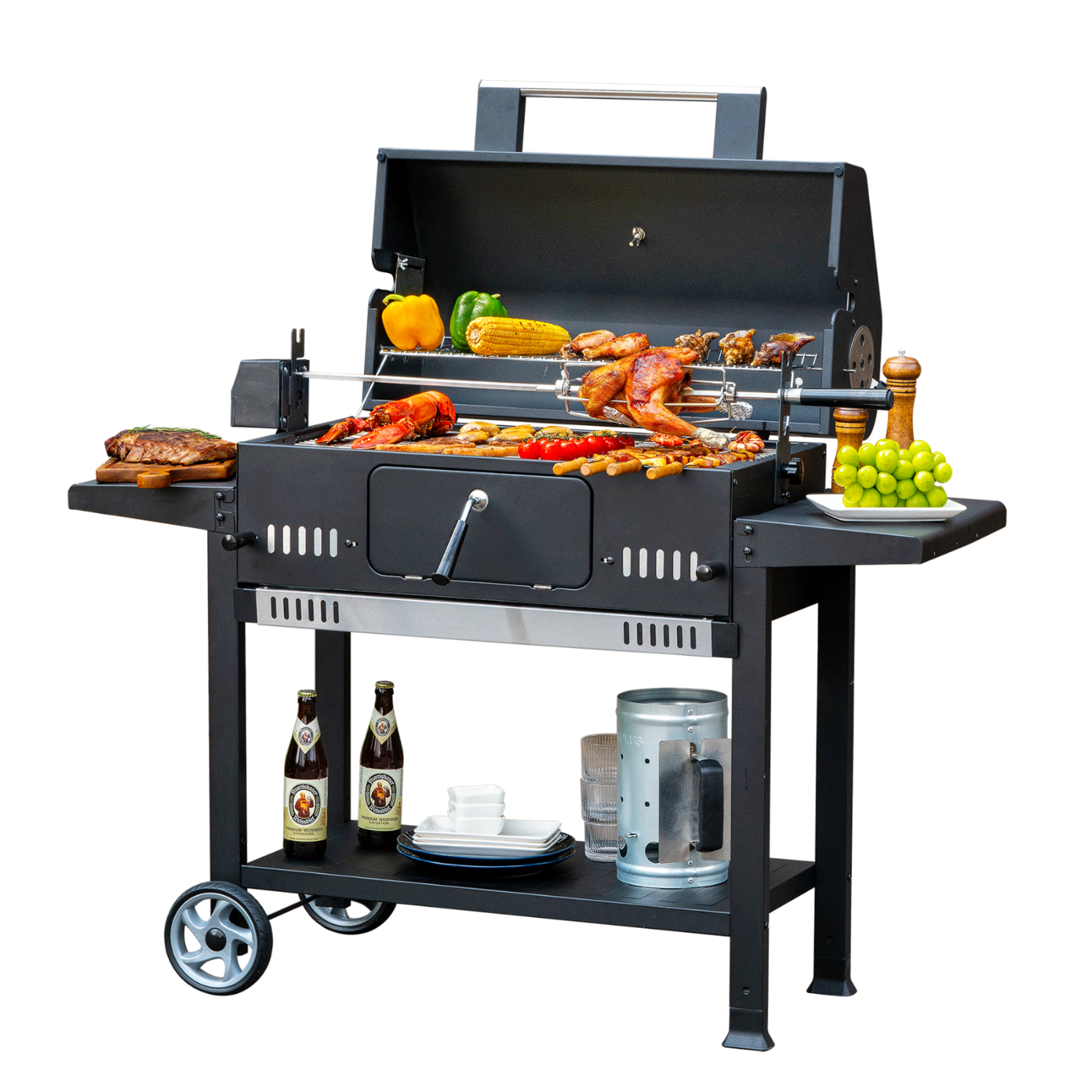 FIREPLUS燒烤爐 家用大號(hào)戶外別墅庭院美式燜烤煙熏烤肉架子BBQ花園燒烤臺(tái) 奧利爾【25升級(jí)款烤爐+烤支+煎盤+防雨罩】