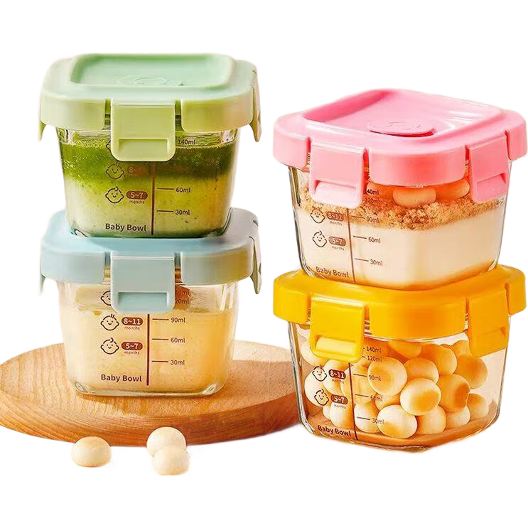 宝宝辅食盒外出便携带零食水果分装盒蛋糕模具婴儿玻璃辅食碗 方形辅食碗刻度140ml随机颜色*1