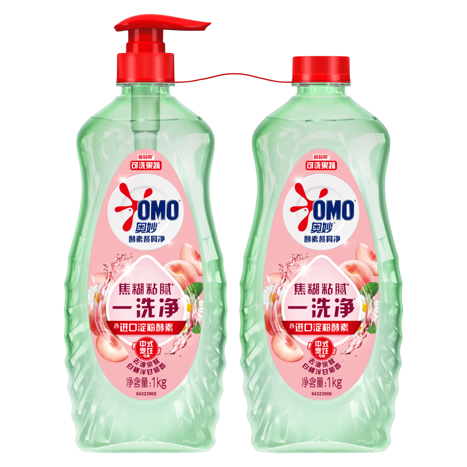 奥妙大桶酵素餐具净洗洁精 白桃洋甘菊 1kg*2 4斤装 1泵1补去锅具焦糊