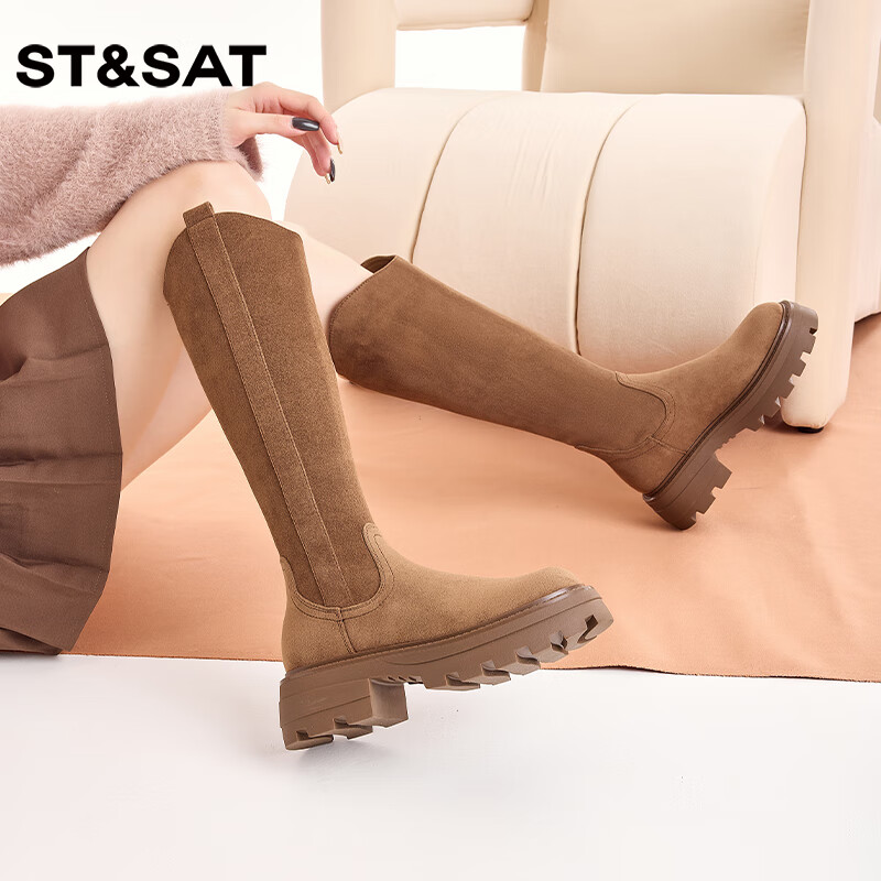 星期六（St&Sat）骑士长靴女秋冬新款英伦风纯色圆头厚底高筒时装靴 棕色 38
