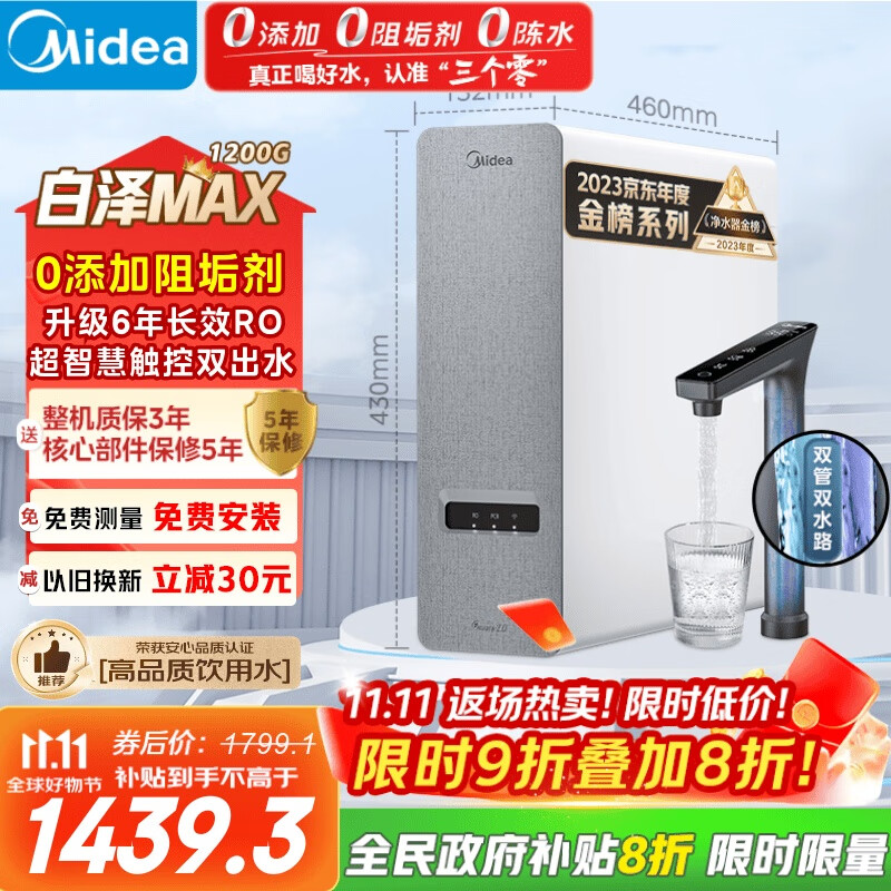 美的（Midea）【白泽Max 1200G】0阻垢剂净水器国家补贴家用 6年RO反渗透厨下式直饮过滤净水机 触控屏双出水