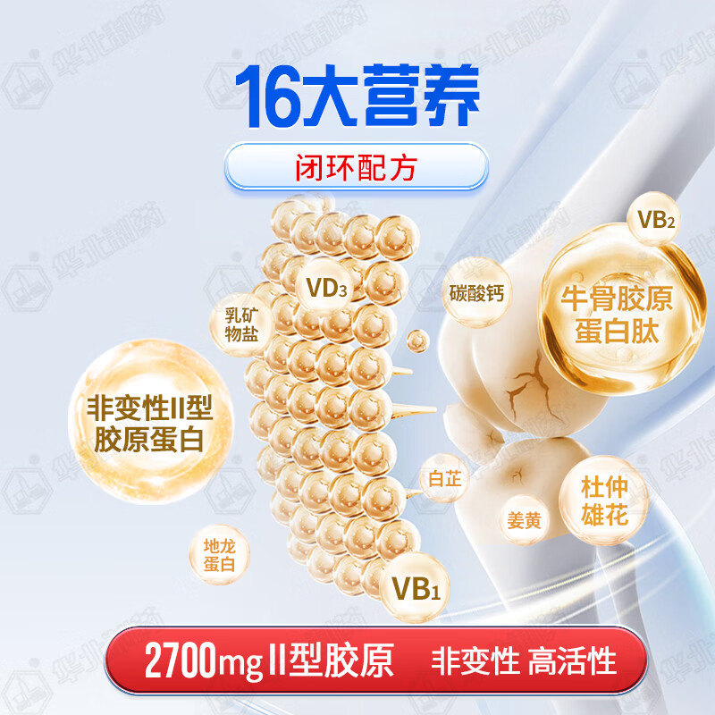 华北制药大健康非变性II型骨胶原蛋白复合片补充蛋白肽碳酸钙关节软骨养护必备 60粒*3瓶