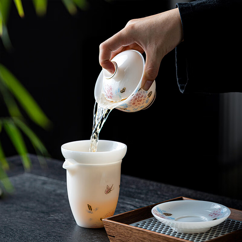 苏氏陶瓷高端冰种玉瓷绣球花盖碗功夫茶具套装节日送礼配马上有钱礼盒装