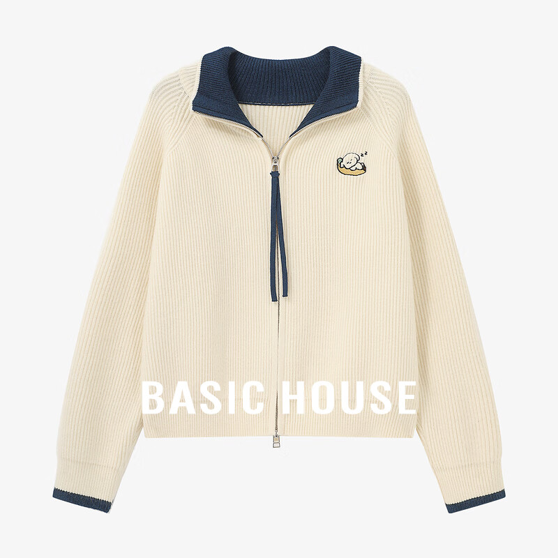 百家好（Basic House）Basic House/百家好双拉链翻领卡通刺绣针织开衫女冬通勤减龄毛衣 米白色 M