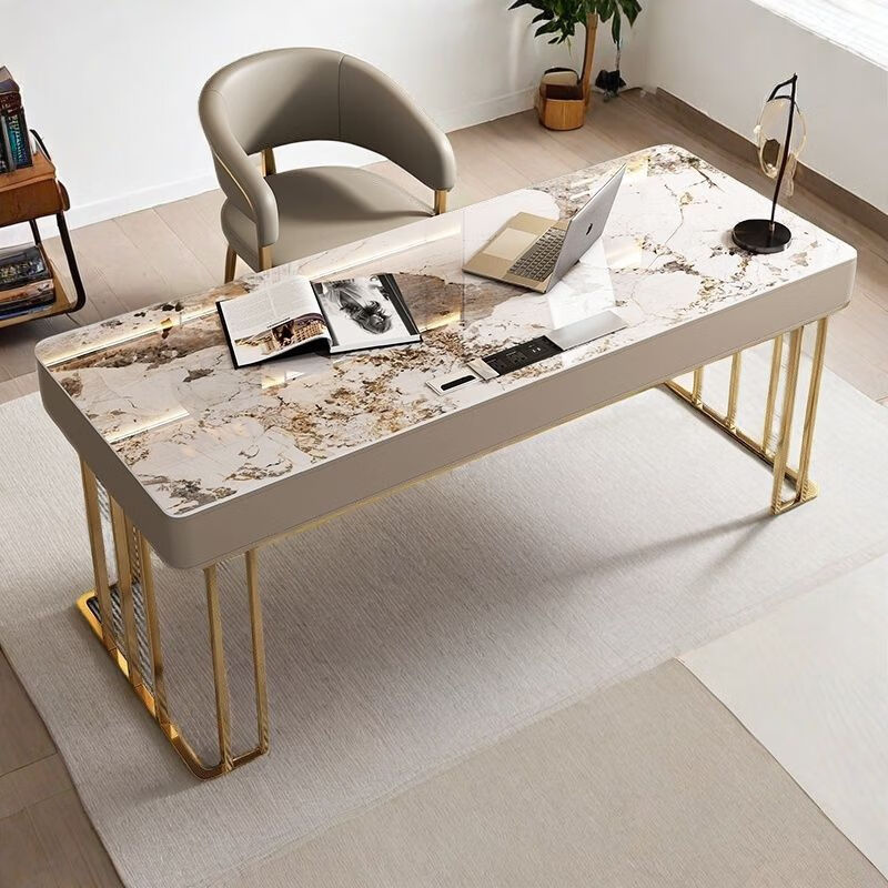 欣慕雅岩板电脑桌岩板长条桌轻奢书桌学生电脑桌2025新款办公酒店桌椅子 单桌+潘多拉*杏柜+金架 长100宽60高75cm