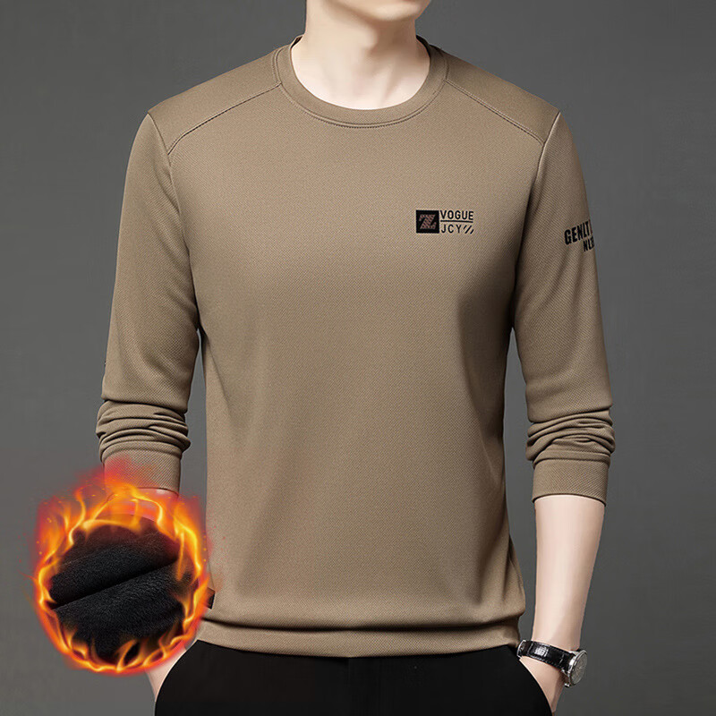 CronetKcnsy秋冬季男士圆领长袖t恤卫衣新款加绒加厚保暖内衣单件上衣打底衫 卡其-加绒 L 【建议115-130斤】