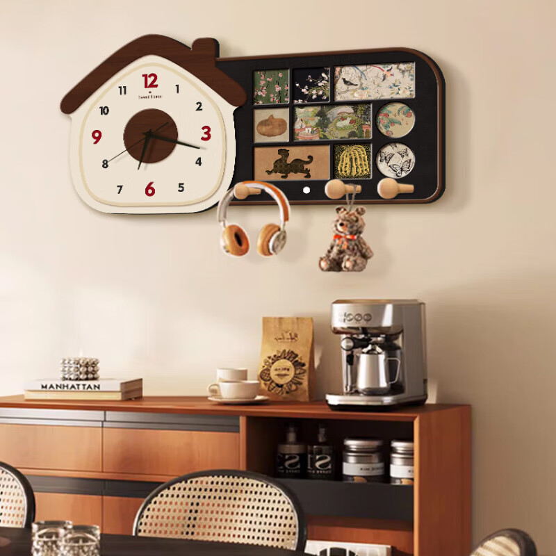 立始2025新款洞洞板收纳门后挂钩静音挂钟装饰画感衣帽架挂表时钟 复古格调 小号 【洞洞板置物架+钟表】