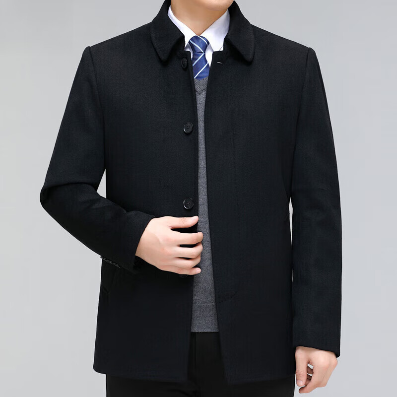 ERDOS鄂爾多斯冬季短款羊毛呢大衣男爸爸裝加厚羊絨外套中年男士呢子 黑色 2XL 185/碼