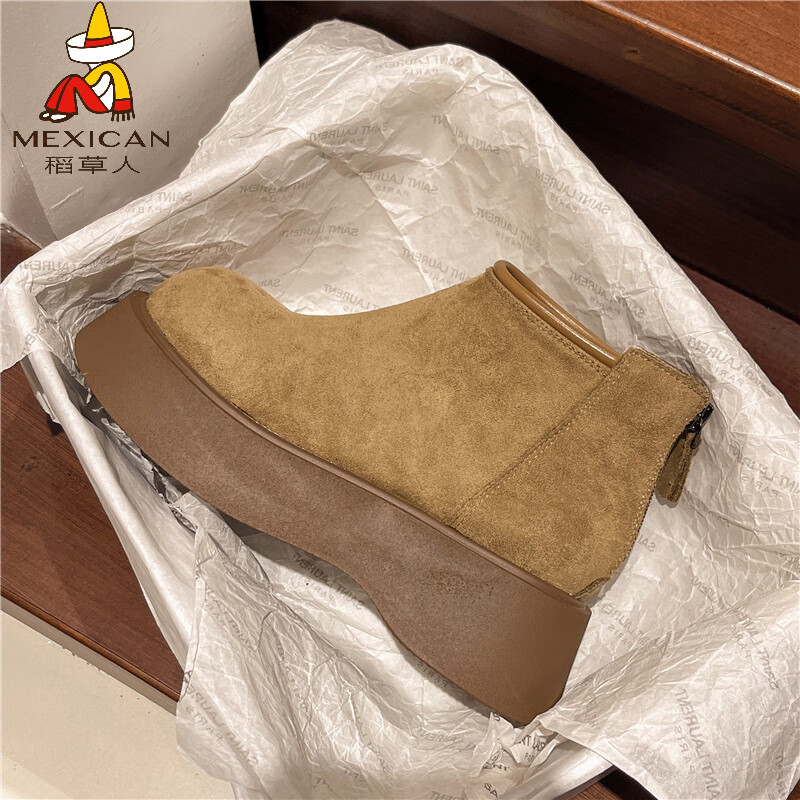 稻草人（MEXICAN）厚底增高勃肯鞋女马丁靴2026新款秋冬季加绒保暖雪地靴短靴二棉鞋 羚羊棕 35