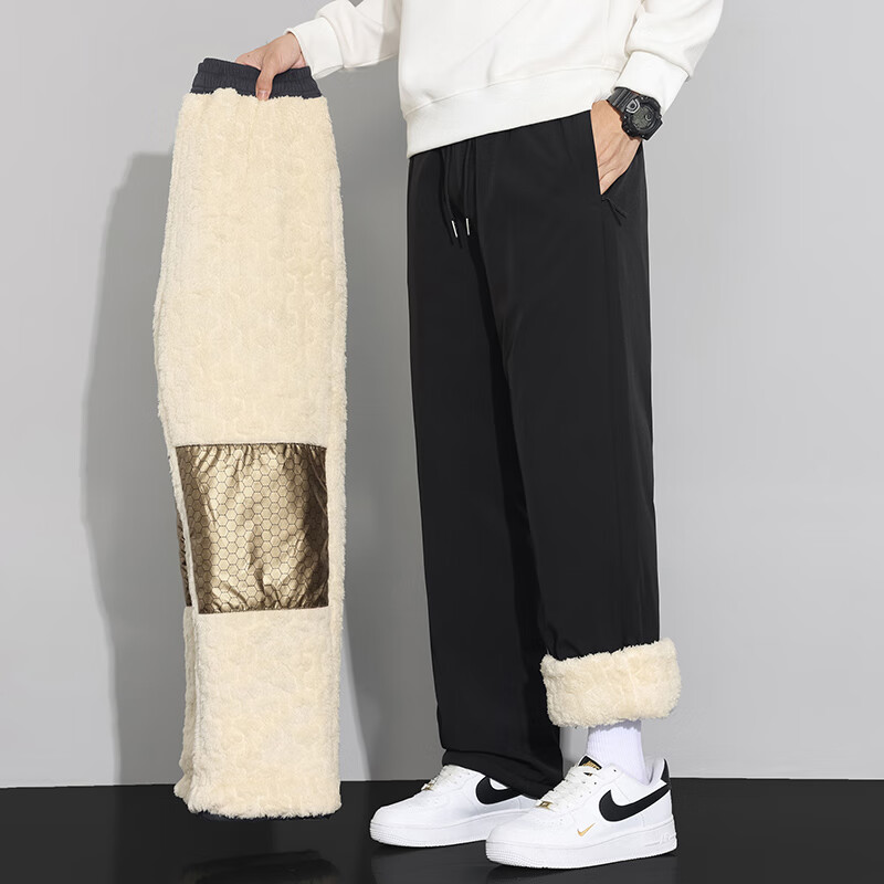 【双十一大促】冬季羊羔绒男裤加厚男士休闲裤石墨烯保暖裤zcy 黑色 直筒加绒加厚（下滑选尺码） 3XL 适合135-150斤