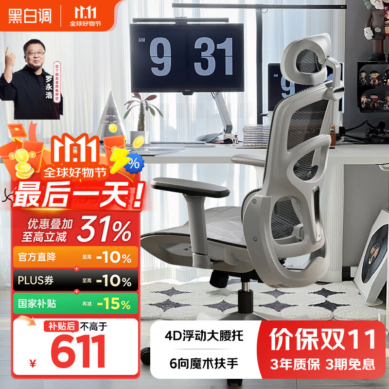 黑白调P2 Pro+人体工学电脑椅办公人工力学座椅学习久电竞椅子 P2 Pro+【6向魔术扶手】霜白