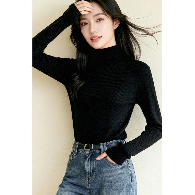 百家好（Basic House）Basic House/百家好100%绵羊毛高领针织衫女修身显瘦内搭打底衫冬 黑色 L