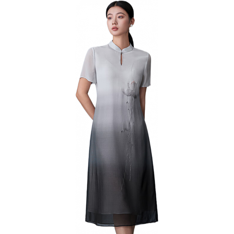 绣娘丝绸丝绸真丝连衣裙2025夏季新款桑蚕丝刺绣长裙气质夏裙 墨色 M