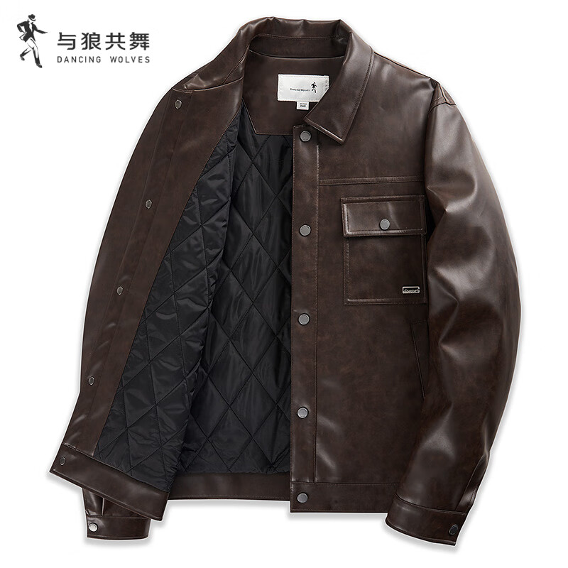 与狼共舞【夹棉加厚】工装翻领环保仿皮PU外套通勤保暖夹克男 303咖啡 XL