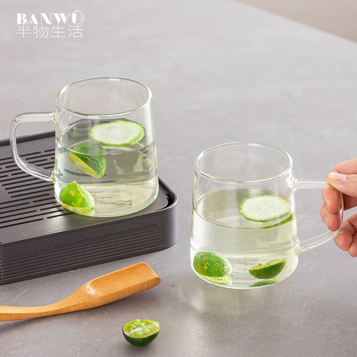 半物生活耐熱玻璃水壺防爆大容量涼水壺加厚開水瓶晾熱水扎杯涼水杯冷水壺 原點透明把手玻璃杯350ml2只