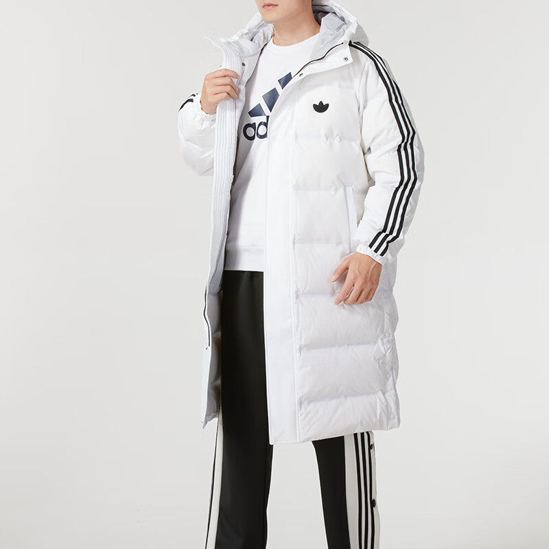 三叶草（Adidas）连帽羽绒服男 时尚简约中长款防风宽松保暖舒适运动休闲外套 S
