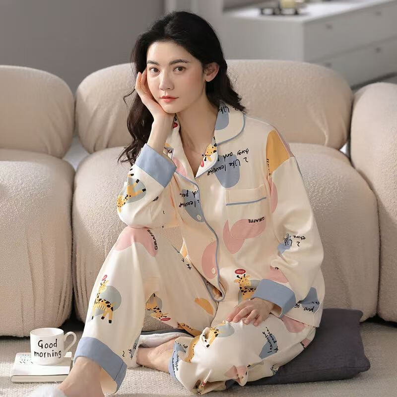 chunnian纯棉睡衣女士春秋长袖新款宽松翻领夏季可外穿全棉家居服两件套装 LMS-QZ9211 M