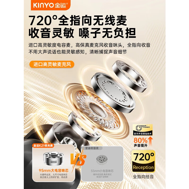 金运（KINYO）【新东方名师推荐丨超大音量】小蜜蜂扩音器教师专用无线领夹麦克风一拖二教学讲课导游防啸叫M20 顶配【双磁吸无线领夹麦】黑 【适合300人教室】30W峰值功率