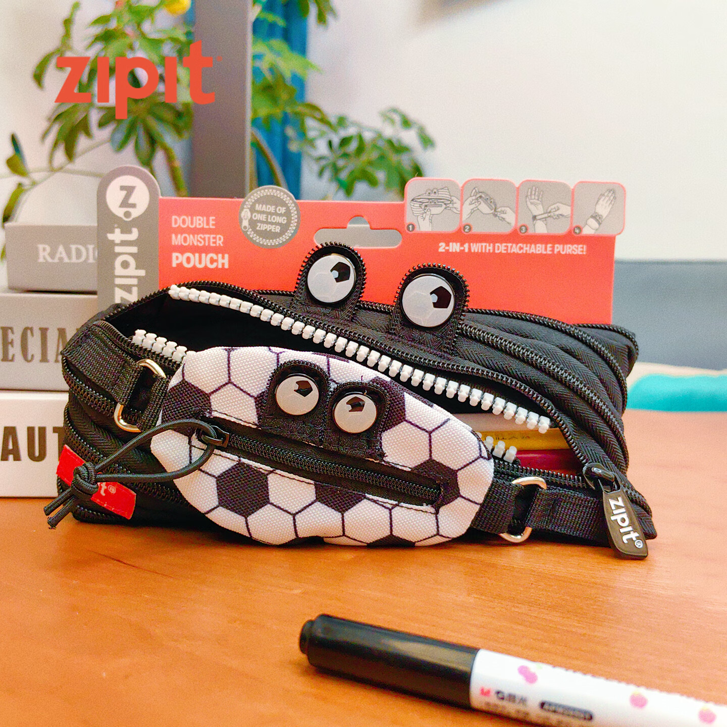 ZIPIT双层足球纹理拉链笔袋学生用品包中包可拆卸小腕包大容量拉链文具袋 足球包中包