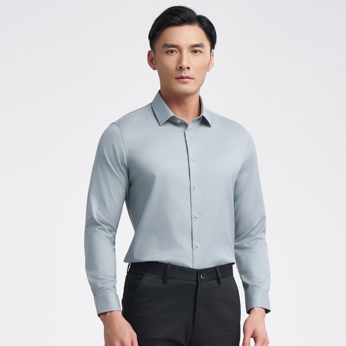 才子（TRIES）优质棉感男士长衬衫柔软顺滑挺括有型商务休闲职业男衬衣 灰绿色 XL 40(175/92A)