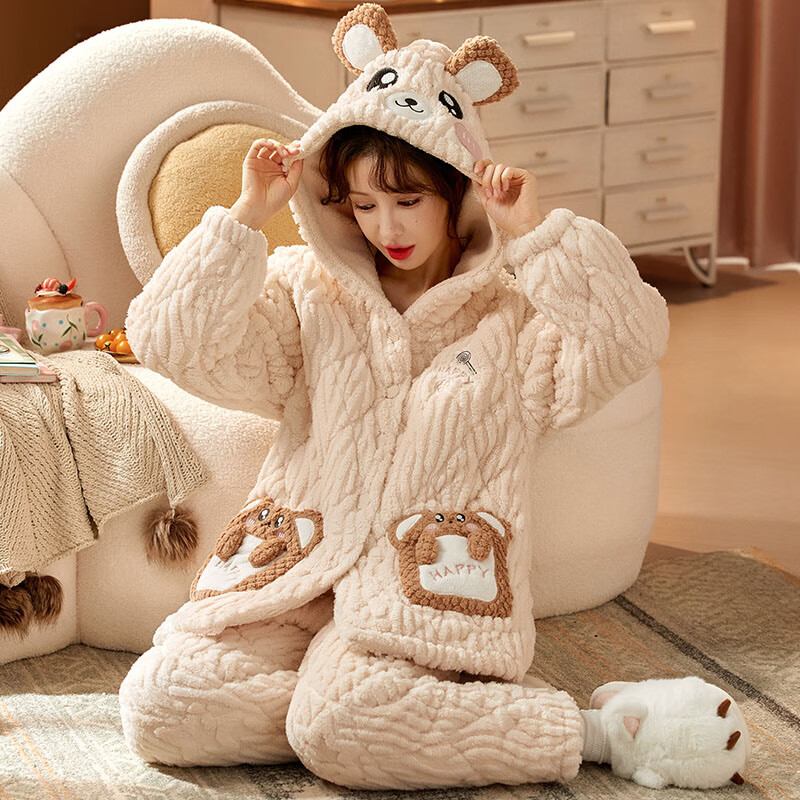 chunnian女士睡衣女冬季保暖珊瑚绒加厚加绒三层夹棉法兰绒带帽家居服套装 XEQN-2381【外套+裤子】 2XL