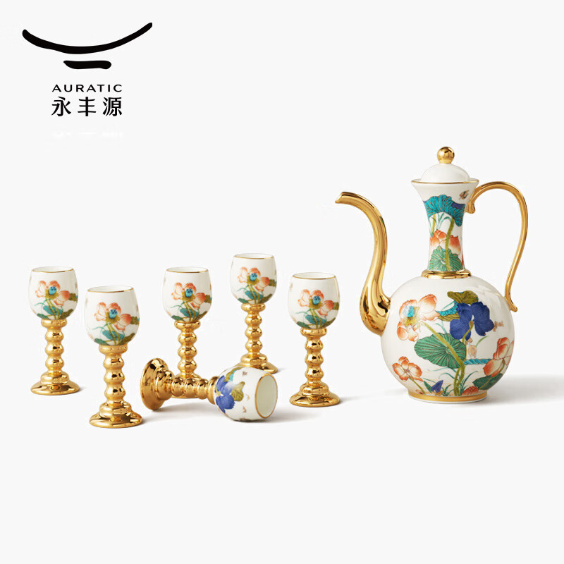 auratic幸福和鸣 8头陶瓷中式白酒杯酒壶酒具套装 乔迁礼赠 新年新婚 （一壶六杯）