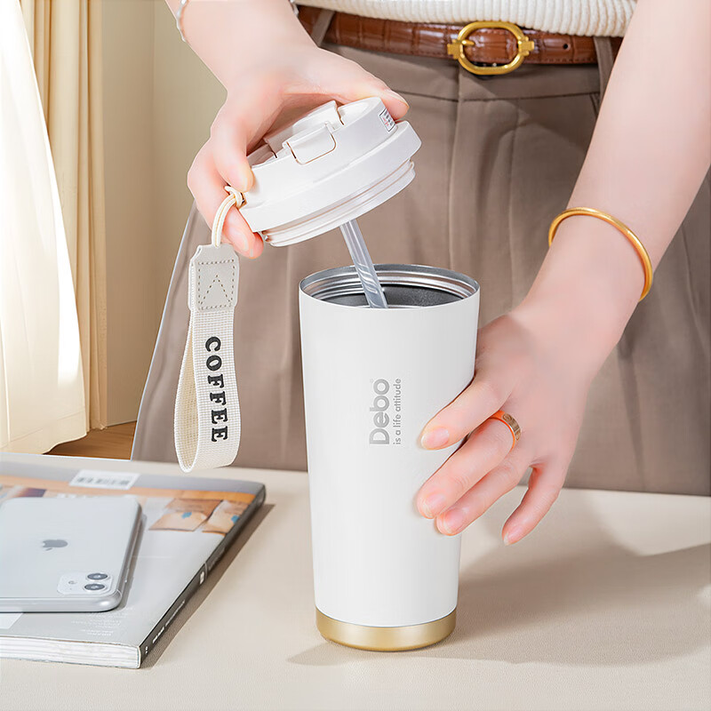 Debo徳铂保温杯咖啡杯316不锈钢保温保冷便携杯 米白色