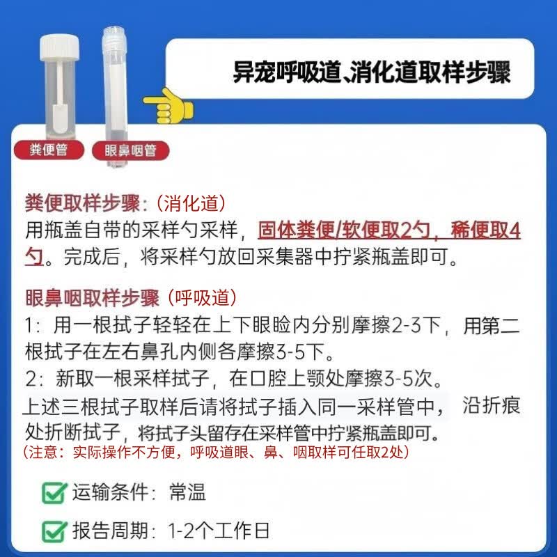 异宠呼吸道/消化道PCR检测肠道细菌真菌寄生虫测居家取样送检 异宠消化道16联 1支*1支