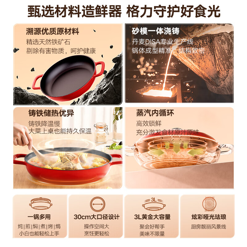 大松（TOSOT）【烹饪大师】铸铁珐琅海鲜锅煎炸炖煮焖烧微压双耳锅电磁燃气通用 红色30cm3L