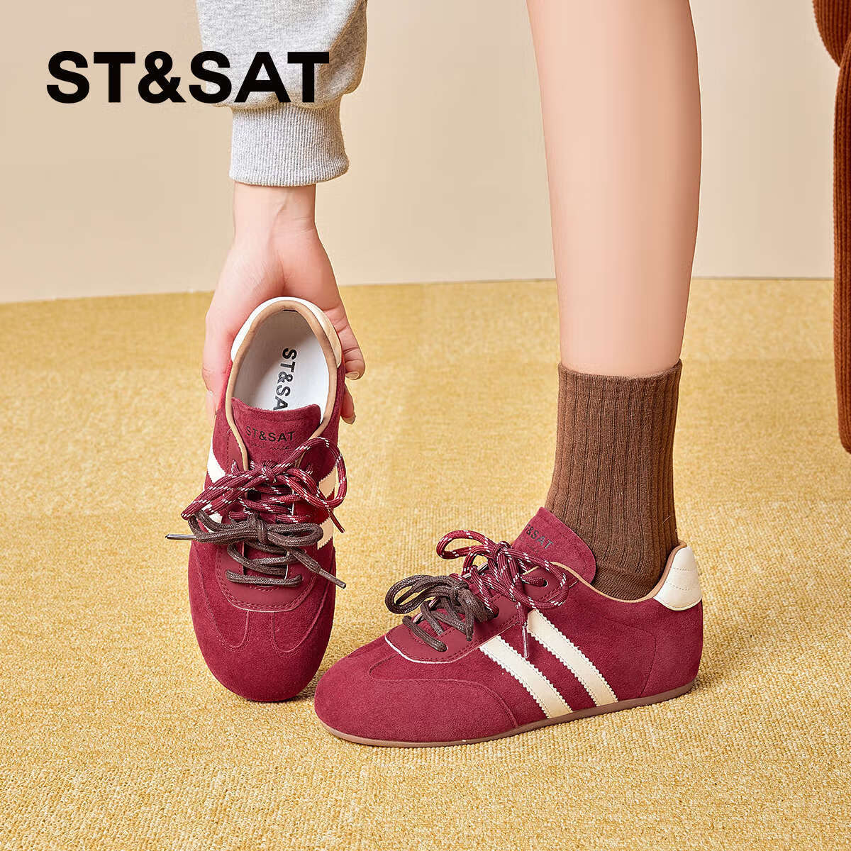 星期六（St&Sat）德训鞋女2025秋季新款潮流系带软底百搭休闲单鞋女 红色 38
