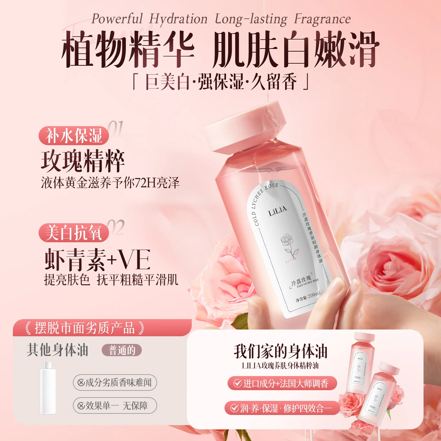 LiLiA玫瑰香氛身体精油以油养肤滋润全身保湿补水持久留香精粹油礼物 【大牌香水调】身体精华油 200ml
