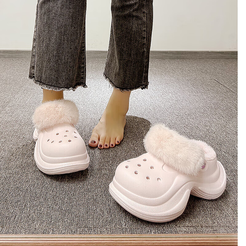 仙女风松糕厚底棉鞋女冬季防水外穿可爱超时尚包跟加绒防滑棉拖鞋 黑色 35