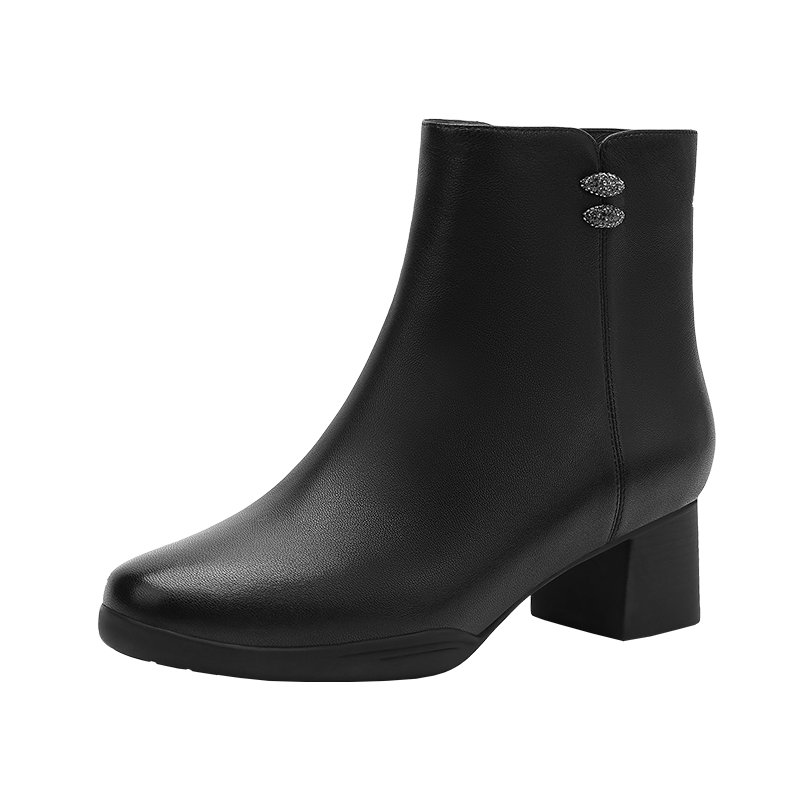 哈森粗高跟时装靴气质百搭显瘦侧拉链女短靴2025冬新款HA257906 黑色 加绒 羊皮革/灰色短绒毛 37