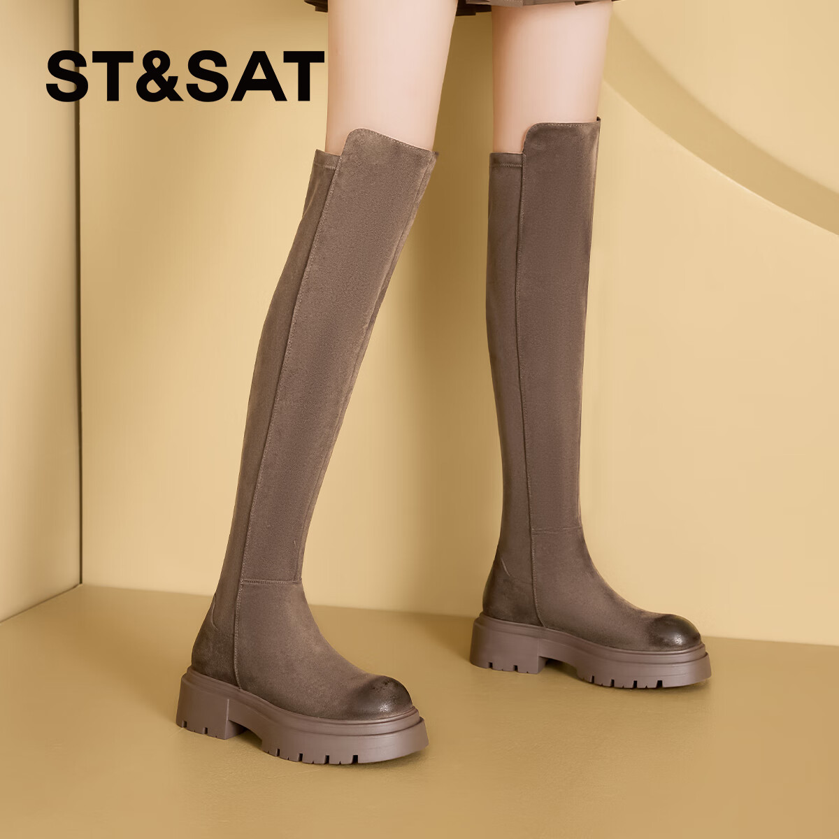 星期六过膝厚底长筒靴女2025新款冬季黑色加绒靴子女高筒瘦瘦长靴 棕色【加绒款】 SS341191KX 34