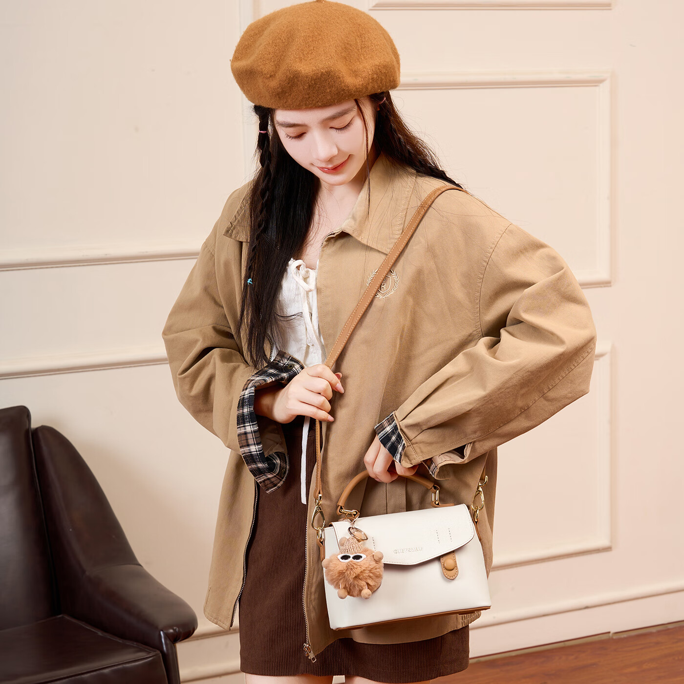 纪诗哲包包女包2026新款奢侈女士单肩斜挎手提包情人节生日礼物送女友 米棕色【配小煤球公仔】 小包