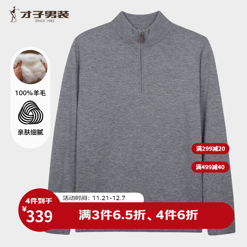 才子（TRIES）商务男士半高领羊毛衫秋冬纯色毛衣男100%纯羊毛轻奢保暖针织衫 灰色 L 48 170/88A