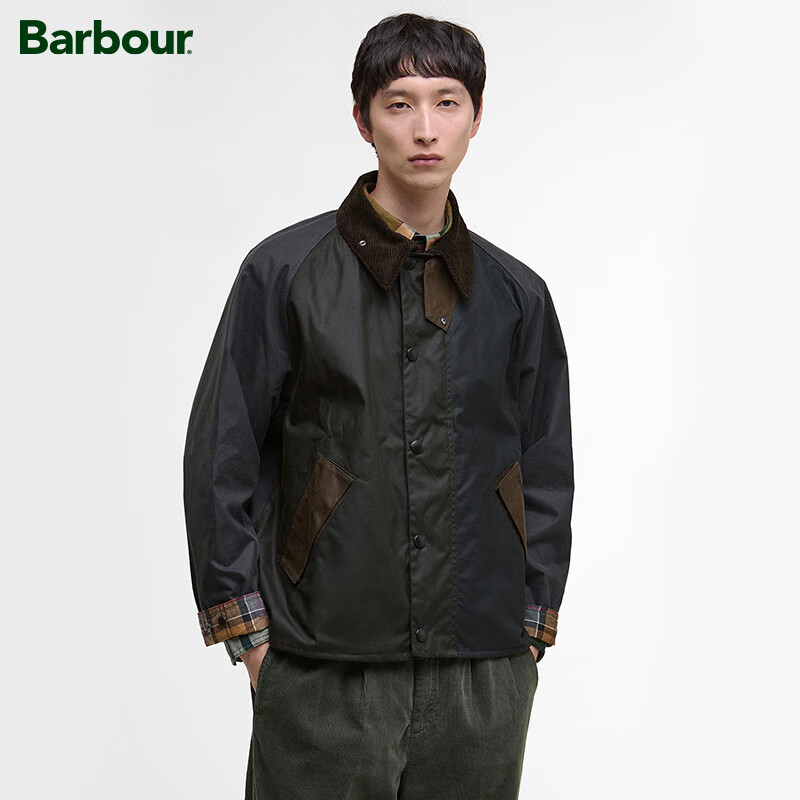 Barbour【明星同款】 Patchwork Transport 男士油蜡夹克 鼠尾草绿-翻袖格纹 S (38) 体重约150-160斤-宽松版型
