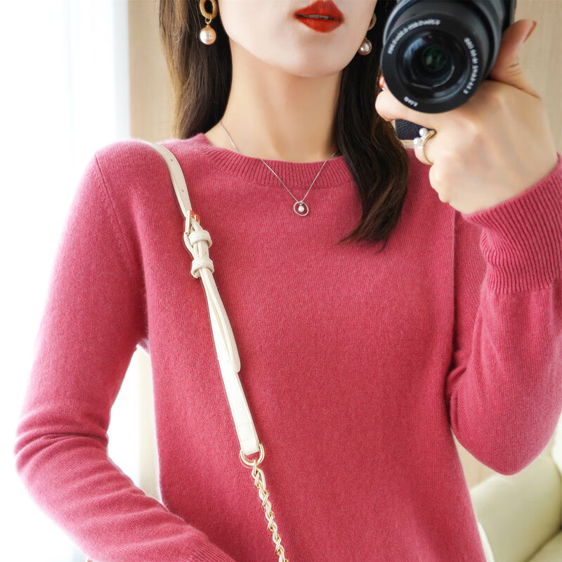 CronetKcnsy秋冬新款圆领毛衣女套头针织衫纯色长袖女装薄款内搭短款打底衫 玫粉色 2XL 【140-160斤】 京东折扣/优惠券