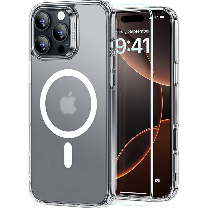 億色【安全無鉛認(rèn)證】適用iphone16promax手機(jī)殼蘋果15promax保護(hù)殼16/15系列Magsafe磁吸充電防摔防刮 【磨砂白】磁吸殼+鋼化膜 蘋果16Pro