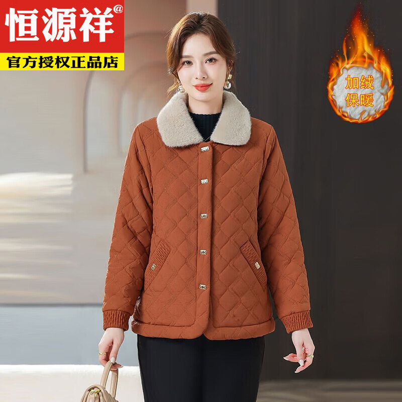 恒源祥妈M妈新款时尚加绒棉衣外套加厚保暖冬季棉服中年老年中年洋气棉 黑色 4XL 建议135斤-150斤