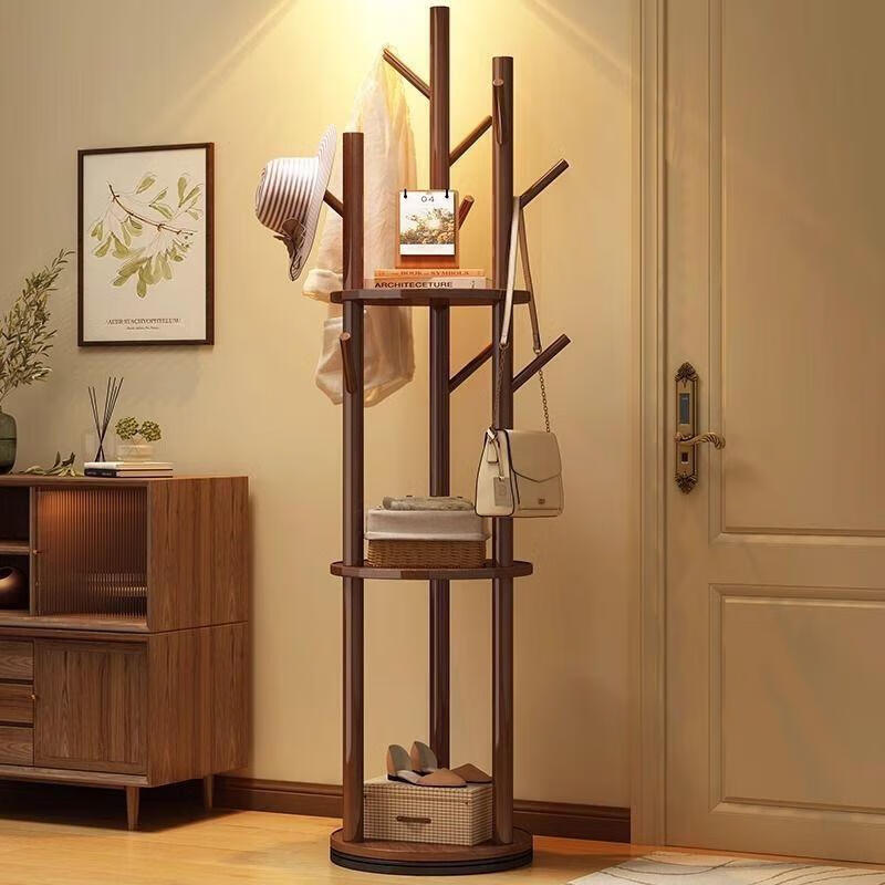 倘然之家新款旋转衣帽架落地卧室客厅家用衣架实木简易立式架子衣服挂衣架 经典款-胡桃色【加厚实木圆棍】