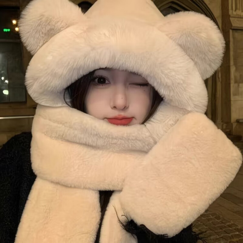 清洁ZC 米色帽子 围巾手套一体帽