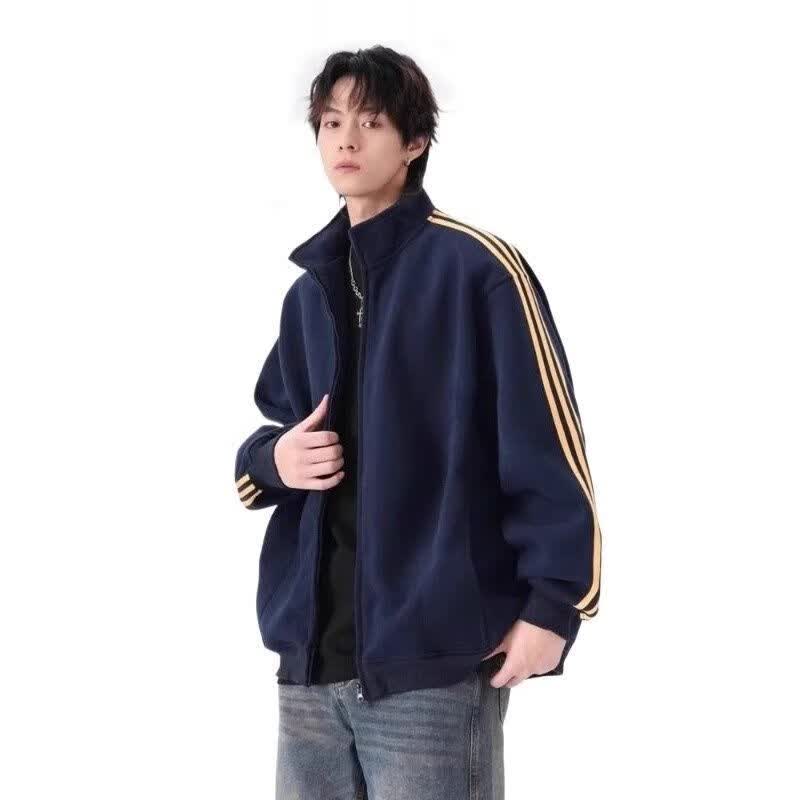 东馨鸟潮牌三条复古开衫卫衣秋季美式立领条纹夹克外套宽松情侣拉链上衣 藏青色（三杠外套） 3XL