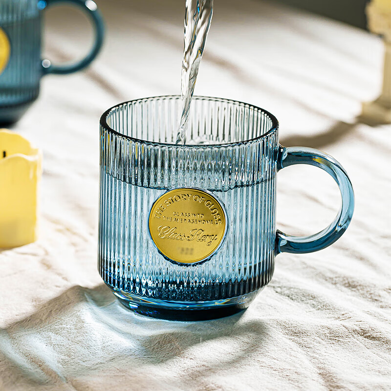 乐唯诗（LOVWISH）竖纹玻璃杯带把手喝水杯子ins高颜值咖啡杯家用泡茶杯加厚牛奶杯 墨蓝竖纹巴克杯【双色混装】330ml/2只
