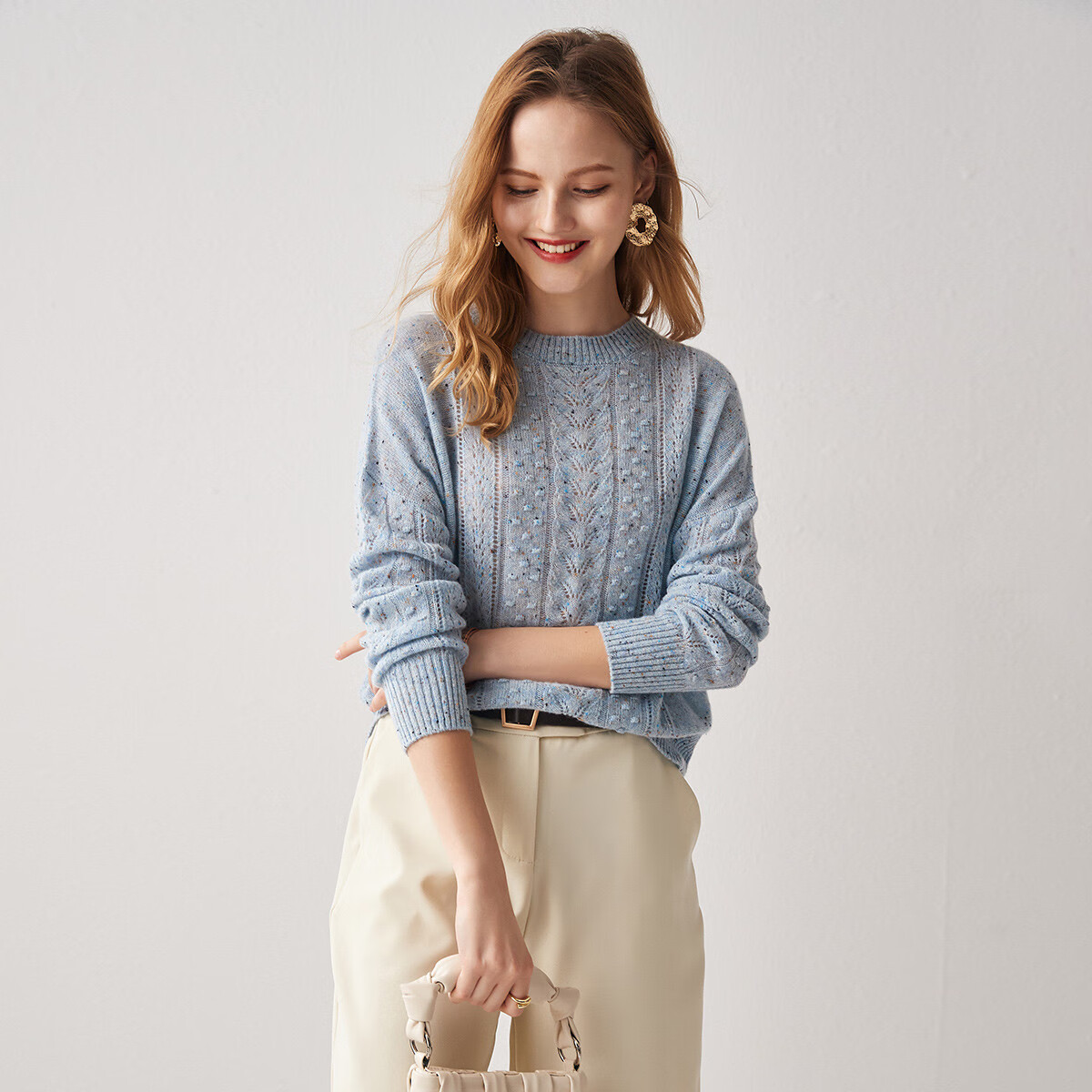 帕罗（PALUOPO）【100%山羊绒】秋冬镂空绞花设计淑女宽松气质针织羊绒衫女 天兰彩点 M 100