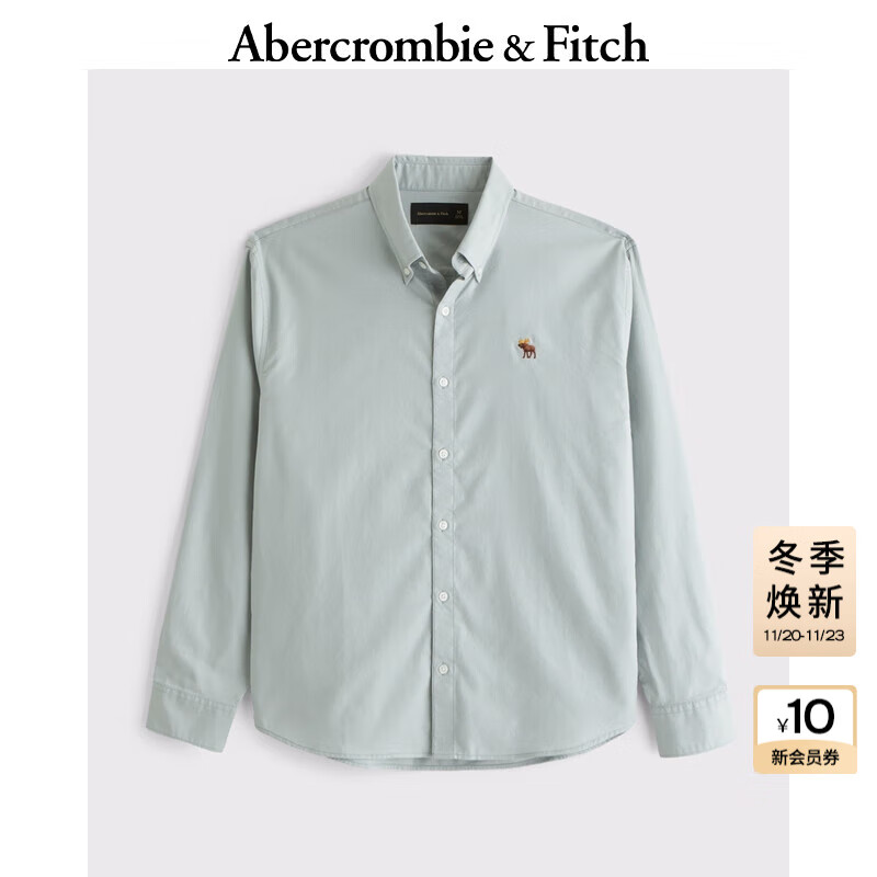 Abercrombie &amp; Fitch【牛津衬衫】经典小麋鹿图案男装25春夏美式长袖衬衫125-5083 灰绿色 XL (180/116A)尺码偏大