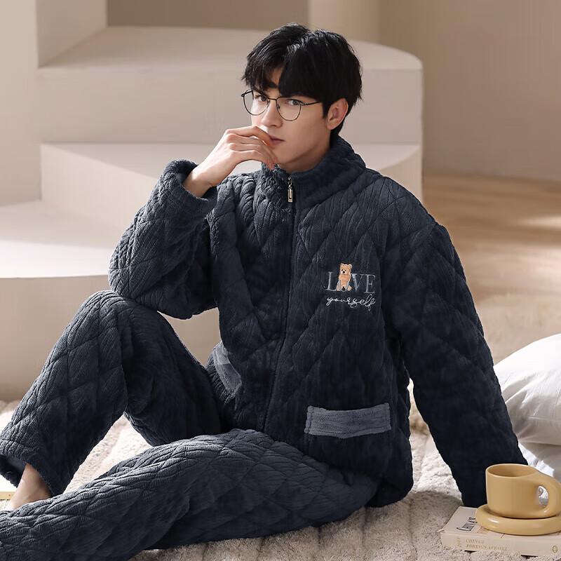 芬腾【清仓】情侣珊瑚绒夹棉睡衣女士冬季三层加厚男抗静电家居服套装 FX25950388藏兰【单男款】 XL 建议:女124-142,男146-165斤