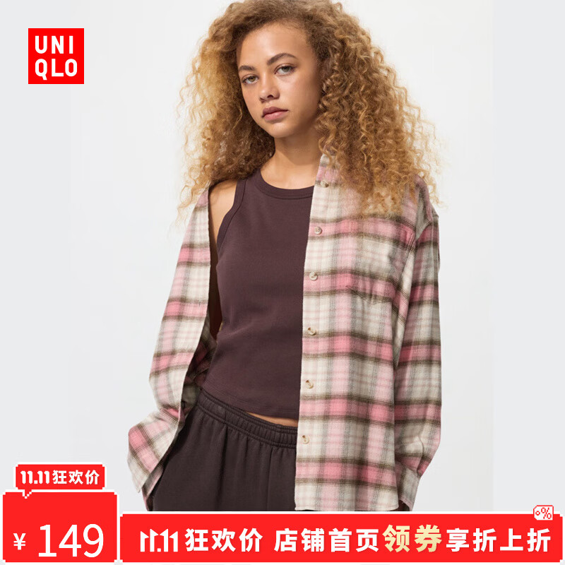 优衣库【惊喜价】女装法兰绒衬衫/格纹长袖衬衣25秋冬新款481173 12 桃红色 M /160/84A